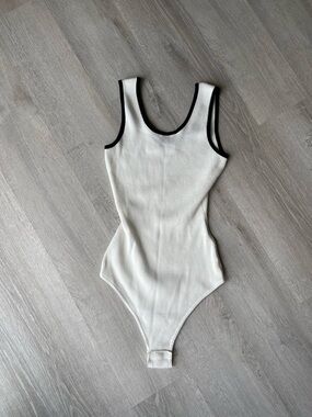 Ribbed Tank Bodysuit with Contrast Trim - White